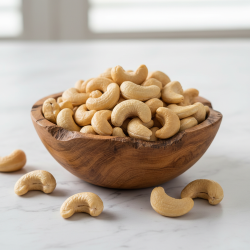 Premium Cashew W320 whole cashews in a wooden bowl